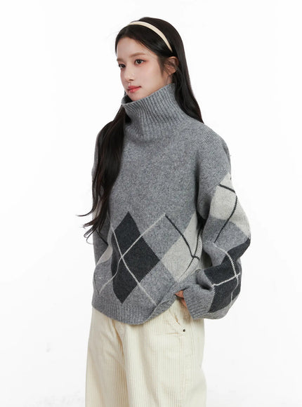 argyle-turtleneck-knit-sweater-cn526 / Gray