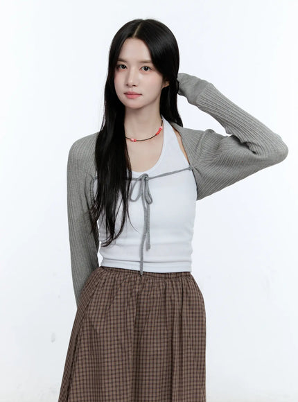 ribbed-bow-tie-knit-bolero-cg514 / Gray