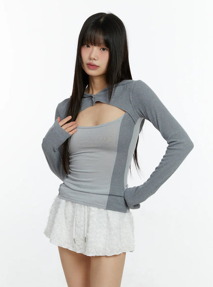 cut-out-hooded-long-sleeve-tee-cf510 / Gray