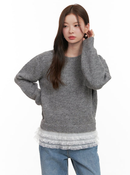 lace-trim-wool-blend-sweater-od403 / Gray