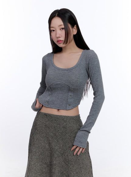 scoop-neck-long-sleeve-crop-top-cj509 / Gray