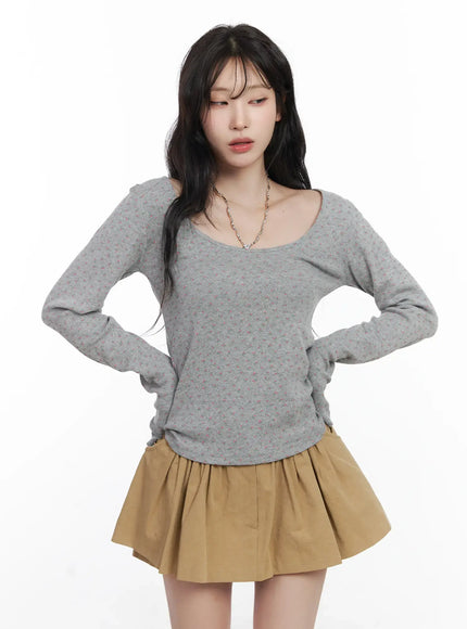 floral-print-u-neck-long-sleeve-top-cj526 / Gray