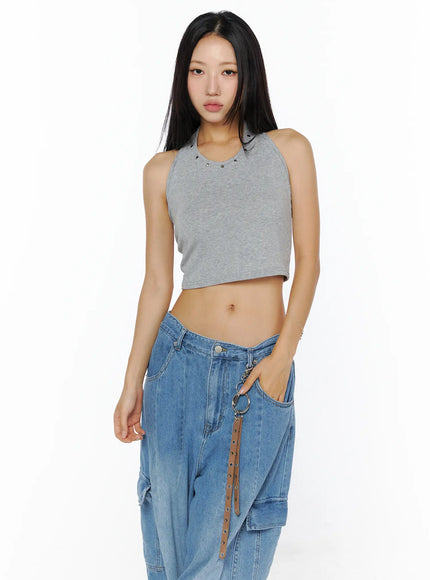 minimalist-studded-halter-tank-top-cu515 / Gray
