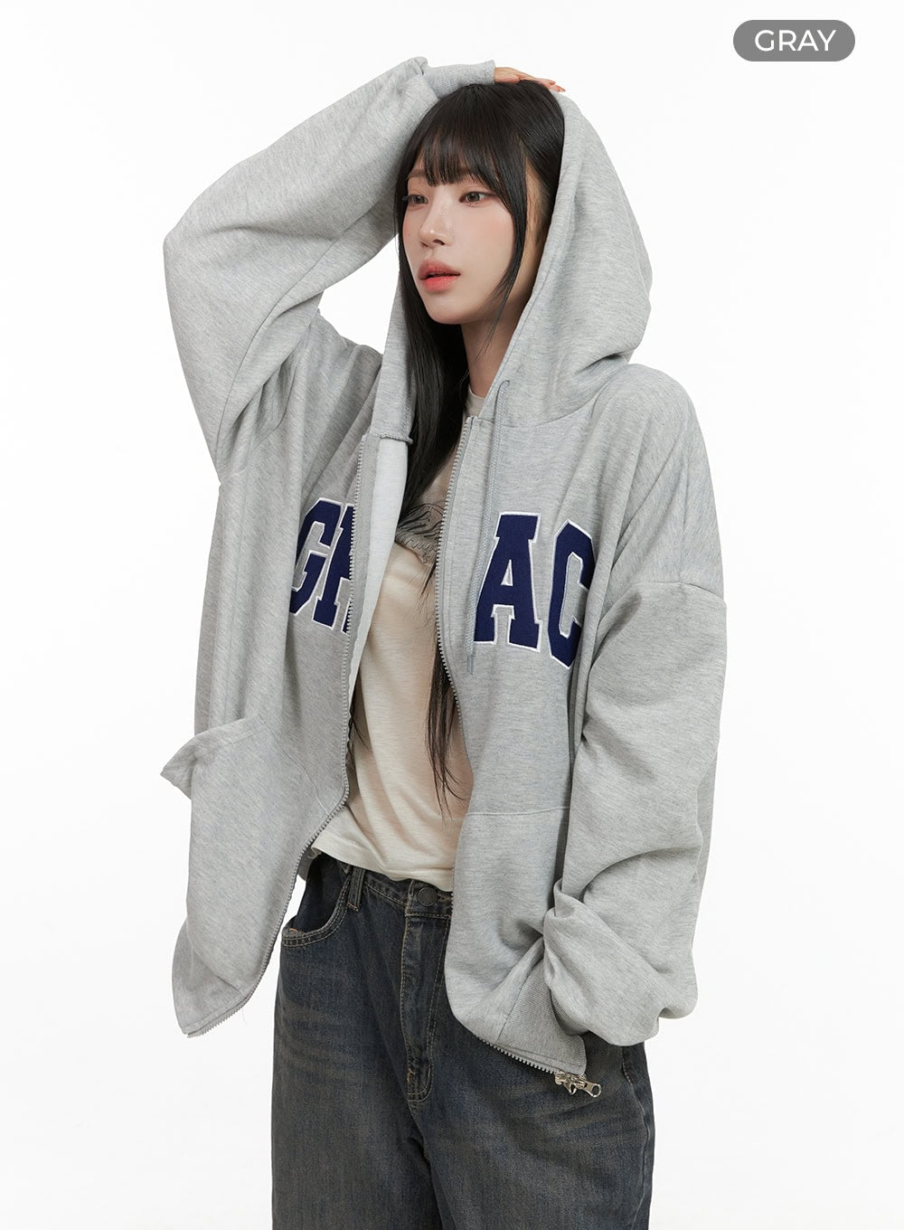 two-way-zip-up-embroidered-hoodie-cg430 / Gray