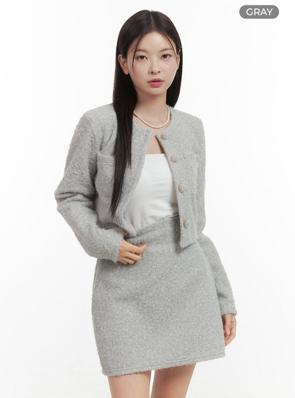 fuzzy-tweed-jacket-and-skirt-set-oo416 / Gray