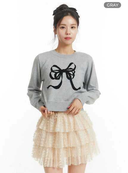 ribbon-graphic-sweater-crop-top-om404 / Gray