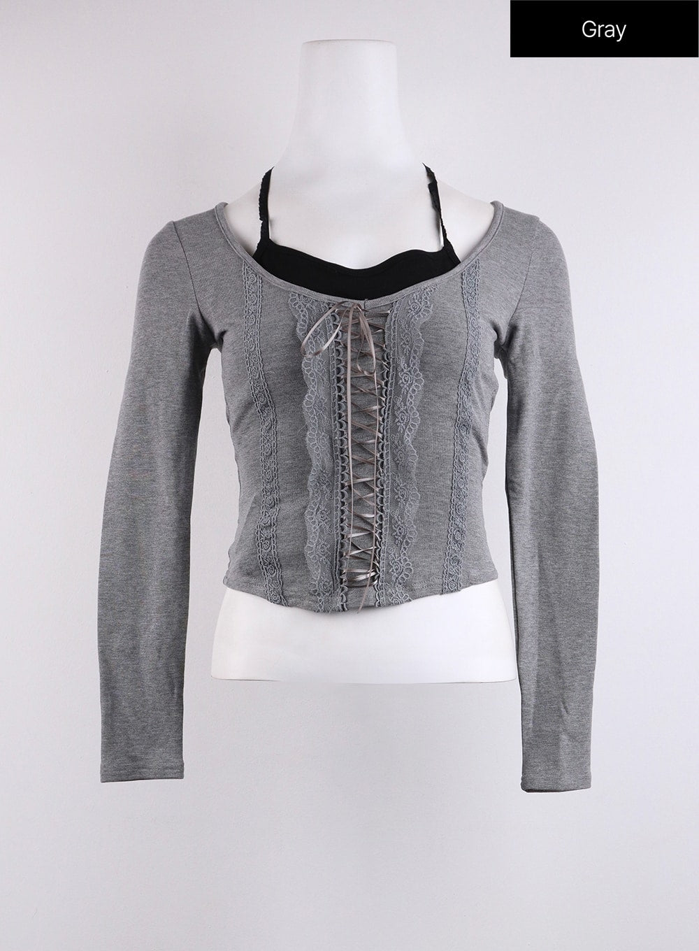 round-neck-lace-up-long-sleeve-cj423 / Gray