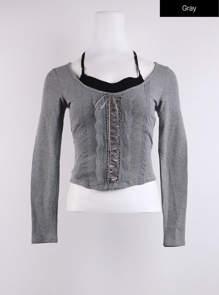 round-neck-lace-up-long-sleeve-cj423 / Gray