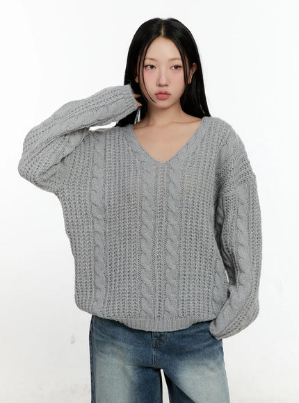 cozy-cable-knit-oversized-v-neck-sweater-cn505 / Gray