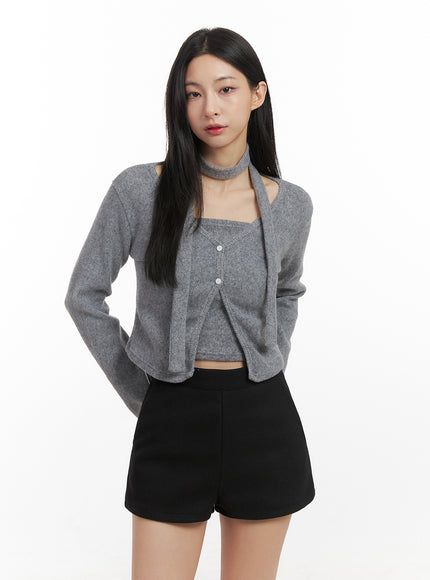 solid-print-v-neck-crop-cardigan-cn428 / Gray