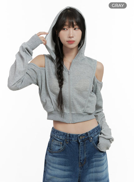 zip-up-cut-out-crop-hoodie-cs419 / Gray