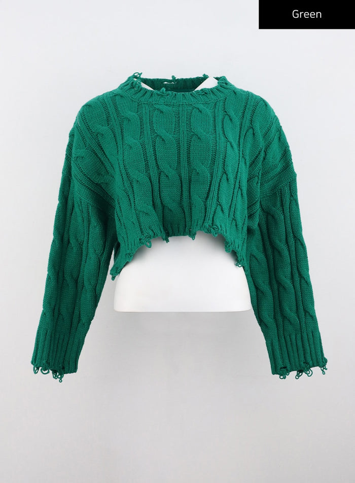 distressed-cable-knit-crop-sweater-co313 / Green