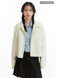solid-collar-zipper-jacket-om408 / Light beige