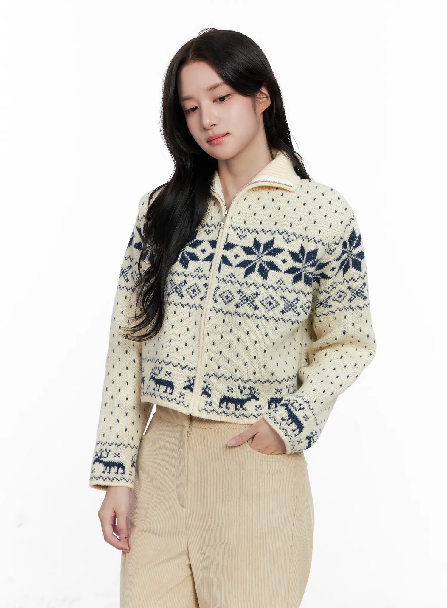 nordic-zip-up-knit-cardigan-co524 / Light beige