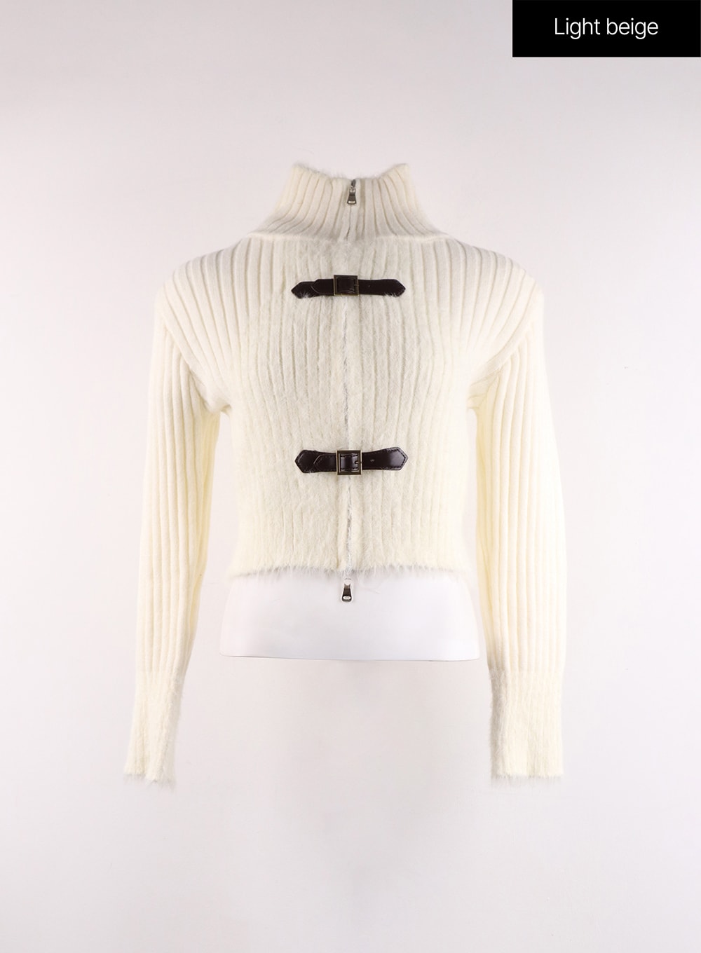 textured-buckle-cropped-cardigan-cf401 / Light beige