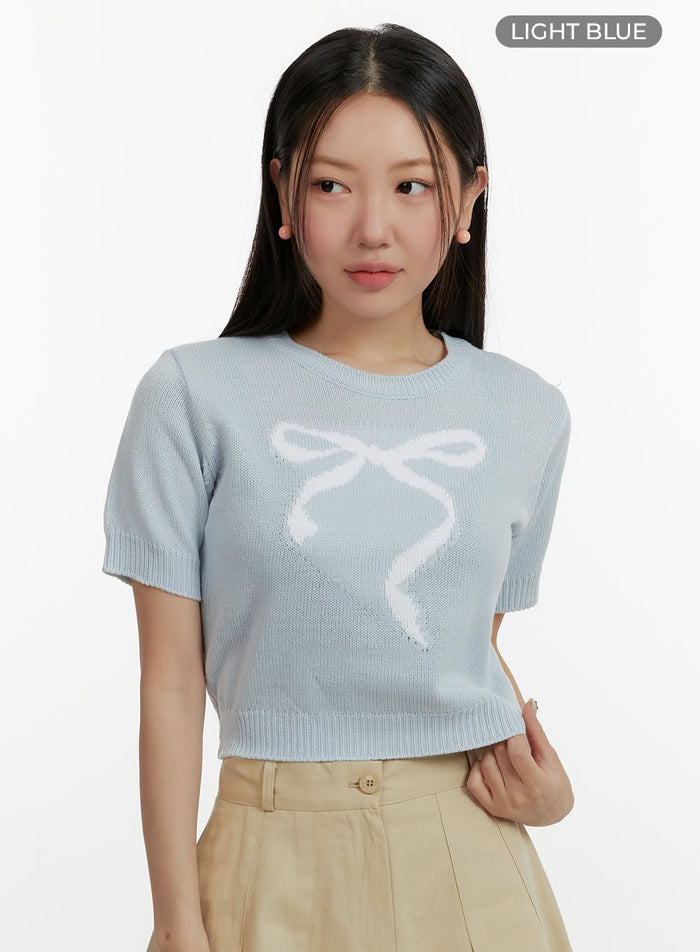 ribbon-graphic-short-sleeve-sweater-oy413 / Light blue