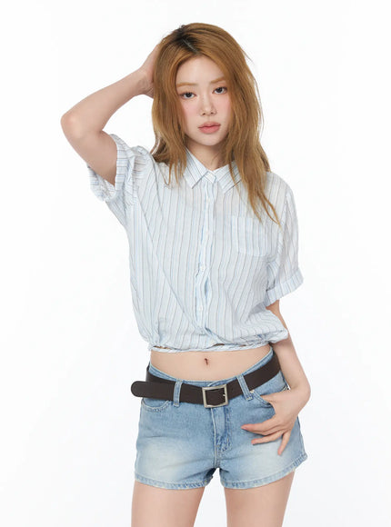 striped-tie-front-short-sleeve-shirt-cy505 / Light blue