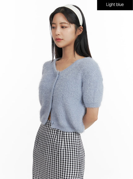 fuzzy-v-neck-button-short-sleeve-sweater-of416 / Light blue
