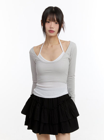 stripe-long-sleeve-crop-top-with-tank-top-ca508 / Light gray