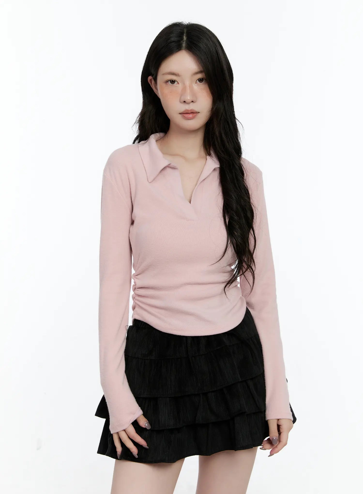basic-polo-neck-long-sleeve-top-cn517 / Light pink