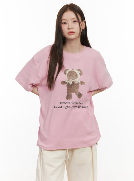 lace-detail-graphic-bear-tee-od412 / Pink