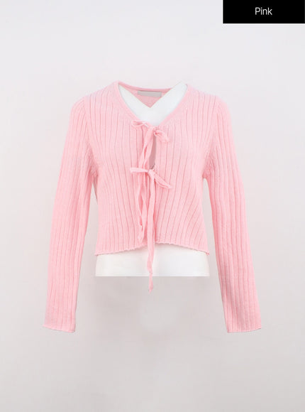 tie-v-neck-ribbed-cardigan-on324 / Pink