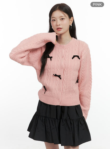 cable-knitted-ribbon-cardigan-os423 / Pink