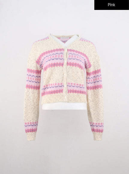 jacard-knit-button-cardigan-oo312 / Pink