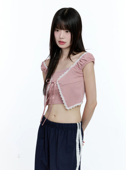 layered-lace-short-sleeve-cardigan-cg511 / Pink