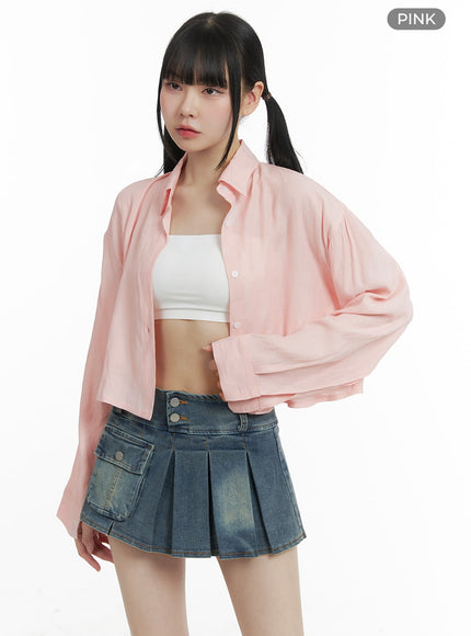 buttoned-collar-cropped-blouse-om426 / Pink