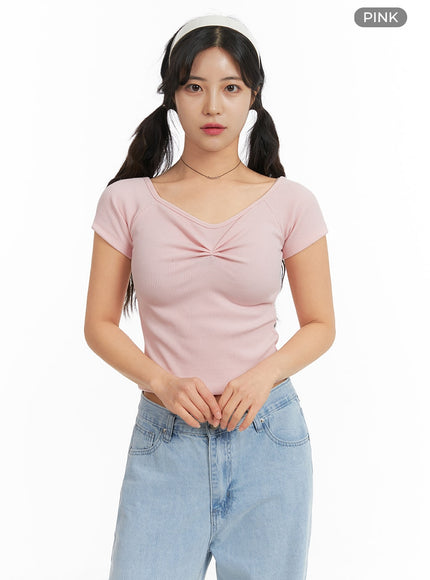 ribbed-shirred-short-sleeve-top-om427 / Pink