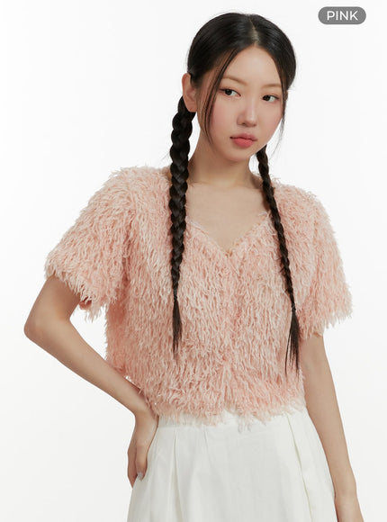 faux-fur-v-neck-cardigan-oy413 / Pink