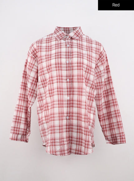 collar-plaid-pocket-long-sleeve-blouse-oo312 / Red