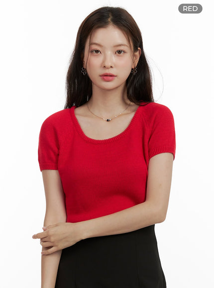 round-neck-short-sleeve-knit-top-ou411 / Red