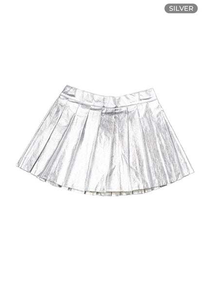 glossy-faux-leather-pleated-mini-skirt-cg430 / Silver