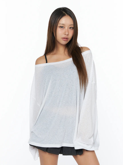 loose-fit-striped-off-shoulder-long-sleeve-tee-ca517 / White