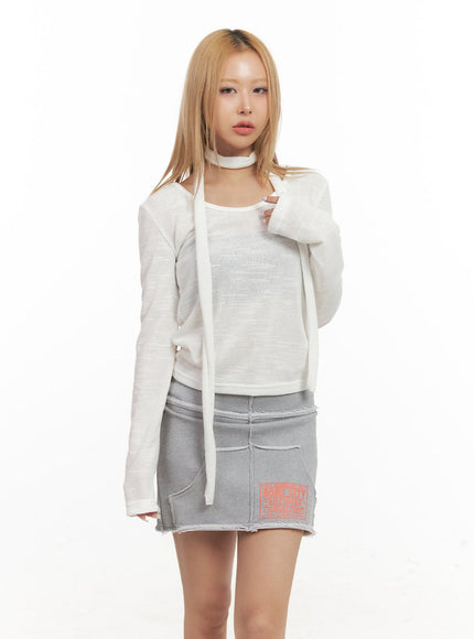 long-sleeve-u-neck-top-scarf-set-cj507 / White