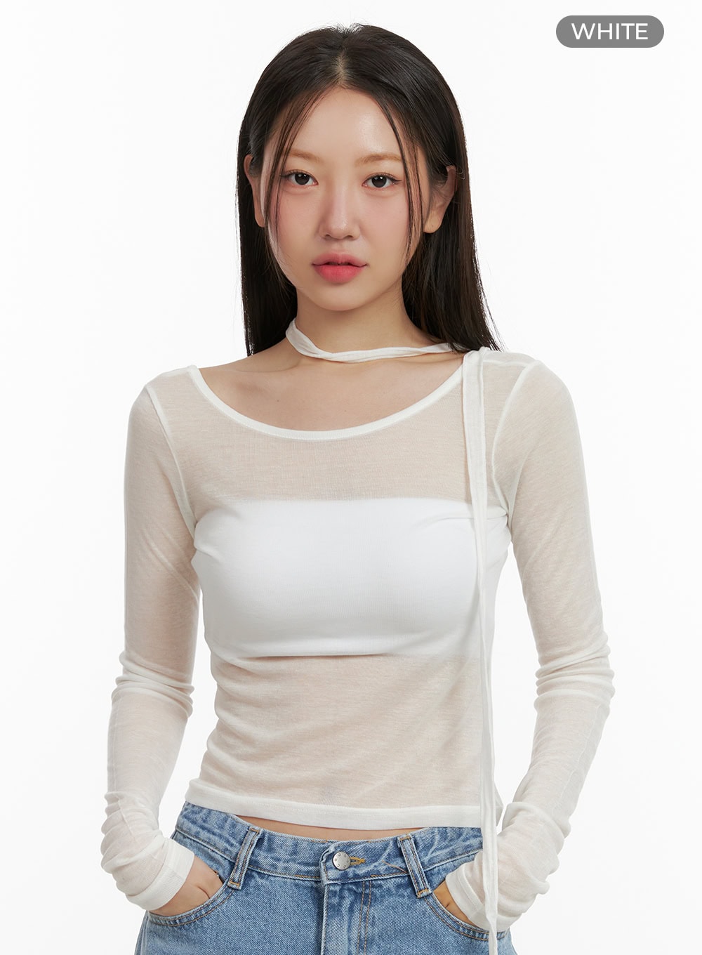 sheer-u-neck-top-with-scarf-ou403 / White