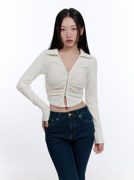 shirred-zip-up-long-sleeve-collared-top-cj509 / White