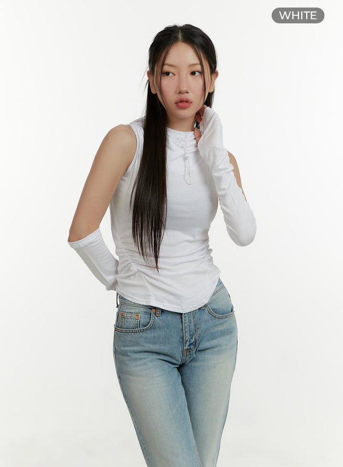 hooded-shirred-sleeveless-top-arm-sleeves-set-cy409 / White