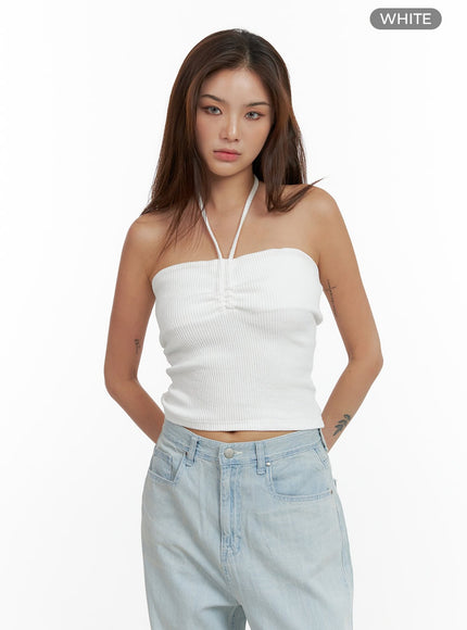 shirred-halter-neck-crop-tube-top-cl404 / White