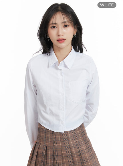 solid-collar-button-up-crop-top-om408 / White