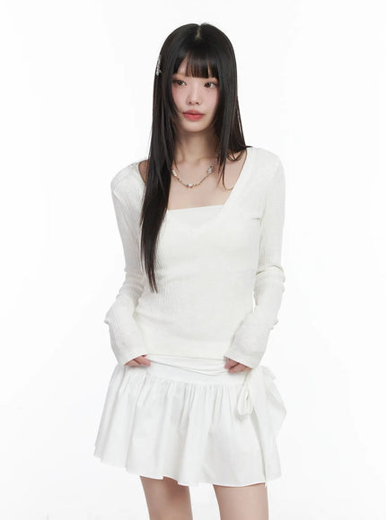 v-neck-ribbed-long-sleeve-top-cm524 / White