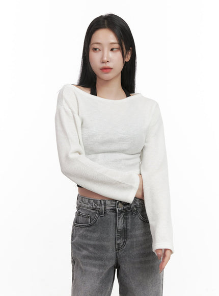 off-shoulder-long-sleeve-crop-top-cj517 / White