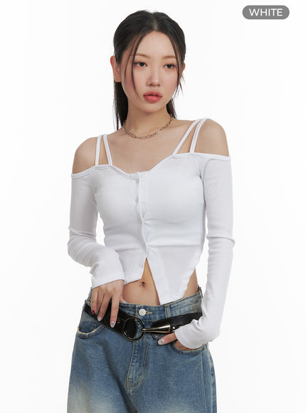 cold-shoulder-button-ribbed-crop-top-ca416 / White