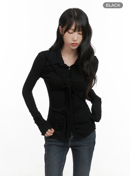 long-sleeve-slim-tie-collar-top-cg421 / black