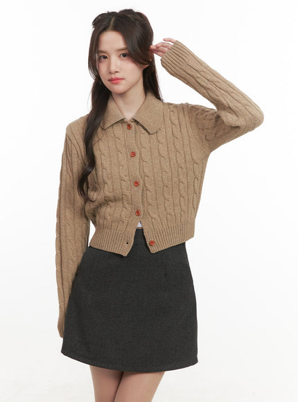 cable-knit-collared-buttoned-cardigan-cj514 / Beige