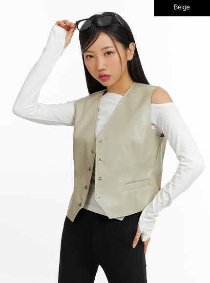 faux-leather-v-neck-vest-cf408 / Beige