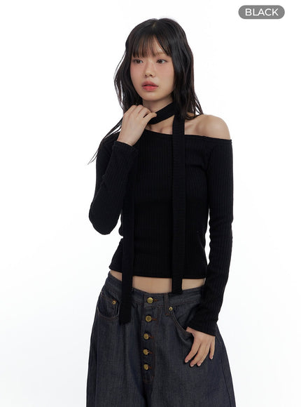 one-shoulder-slim-fit-ribbed-scarf-top-cs420 / Black