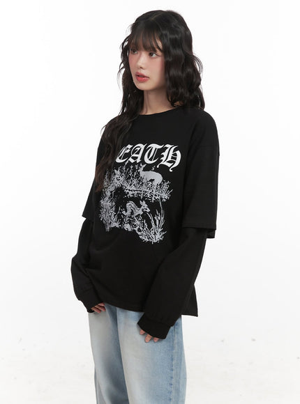 graphic-double-layered-long-sleeve-t-shirt-cj528 / Black